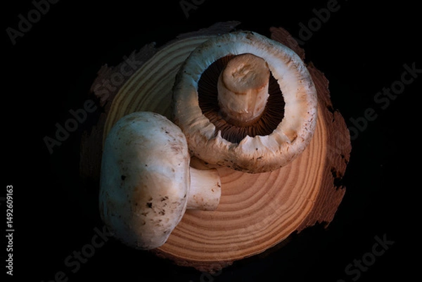 Obraz Common mushrooms on dark background