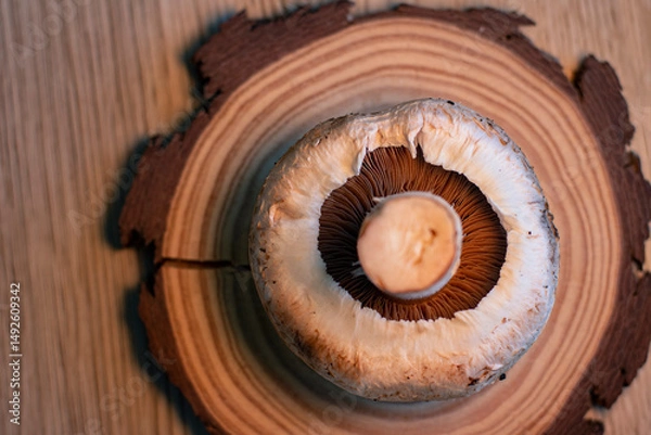 Obraz Common mushroom on wood slice