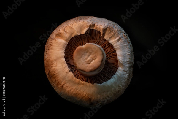 Obraz Single common mushroom moody food photography background