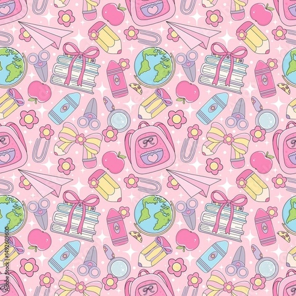 Obraz Back to school seamless pattern. Kawaii School Days Pattern.Pastel Back to School Seamless Design.