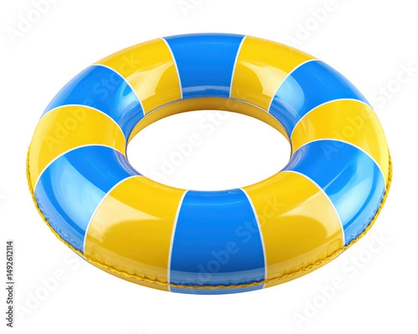 Fototapeta Vibrant inflatable pool ring featuring alternating blue and yellow stripes, perfect for summer fun and relaxation in water. This colorful water toy adds joy to any pool day