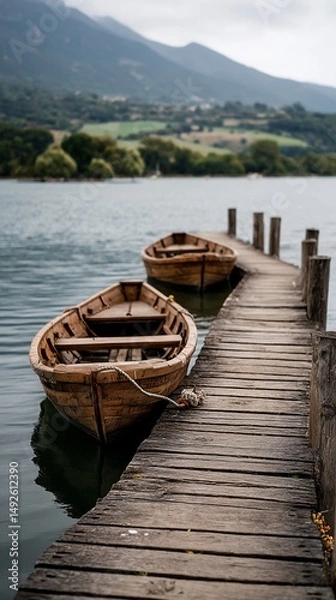 Fototapeta Wooden boats on a lakeside pier in a tranquil landscape.  Possible use Nature photography, stock image, or print material