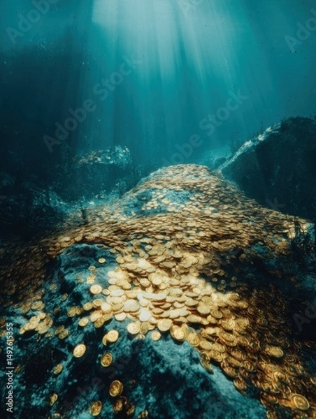 Fototapeta Sunken treasure chest of gold coins on ocean floor with sun rays shining through water column underwater shot