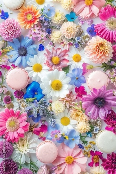 Fototapeta Colorful Floral Background, Top View. Flat Lay of Multicolored Periwinkle, Daisy, And Zinnia Flowers