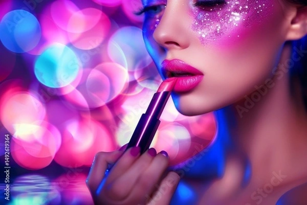 Fototapeta Close up shot of a woman applying pink lipstick from a teal tube with a soft focus effect