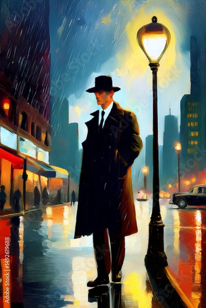 Fototapeta Painting style image of man wearing mac jacket and fedora hat  standing under street light on rain-soaked at street at night time in city in USA in 1950s