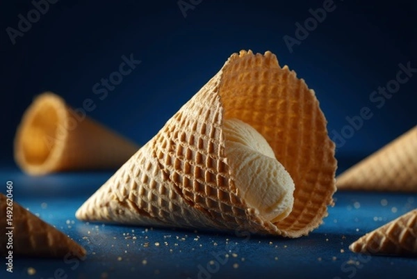 Obraz Creamy Vanilla Ice Cream in a Waffle Cone: A Luxurious, Golden-Hour Still Life