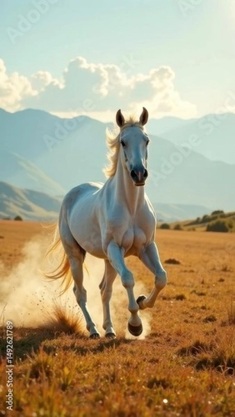 Obraz Majestic White Horse Running in a Lush Meadow. Horse symbol of 2026