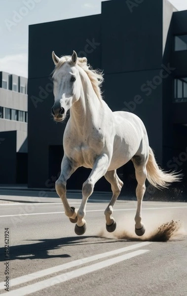 Obraz White horse galloping down empty city street. Space for text. Horse symbol of 2026