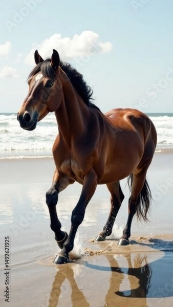Obraz Bay horse walks calmly along sandy seashore. Horse symbol of 2026