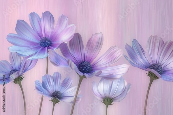 Fototapeta Enchanting 3d visualization of delicate purple and blue flowers in a whimsical fantasy setting