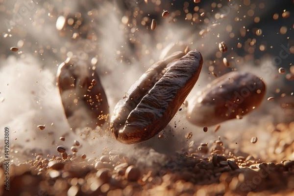 Fototapeta Coffee beans in flight surrounded by smoke from a coffee explosion, on a coffee-colored background.
