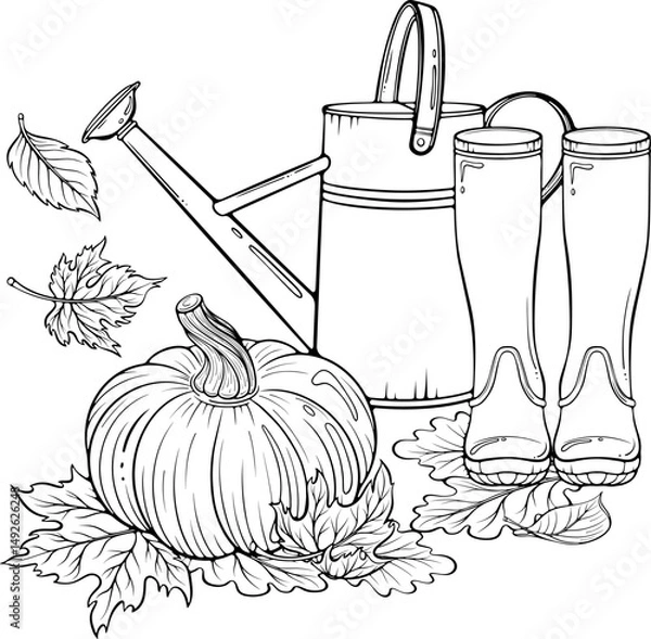 Fototapeta Autumn composition with metal watering can, fallen leaves, rubber boots and pumpkin. Garden still life. Vector illustration in hand drawn sketch style. Line art isolated on white for coloring book