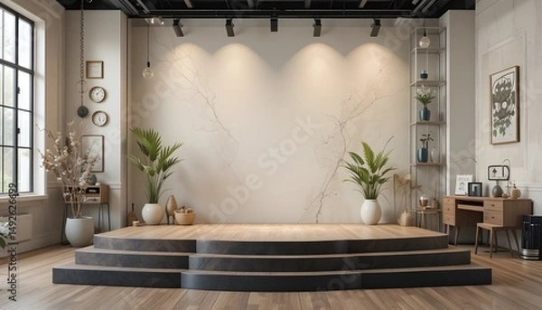 Fototapeta Stage Design or Context Styleclean Colored 3D Podium Sits in An Empty Room With Soft Light  Nature Background
