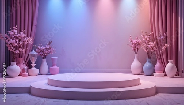 Fototapeta Stage Design or Context Styleclean Colored 3D Podium Sits in An Empty Room With Soft Light  Nature Background
