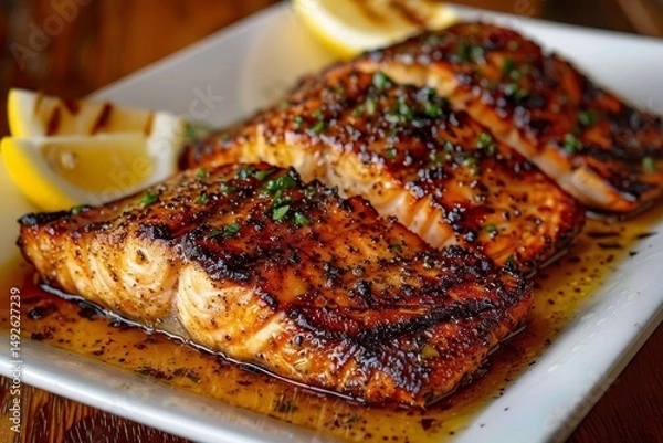Fototapeta Delicious grilled salmon with caramelized crust, olive oil drizzle, and fresh lemon wedges