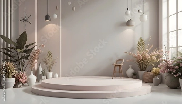 Fototapeta Stage Design or Context Styleclean Colored 3D Podium Sits in An Empty Room With Soft Light  Nature Background