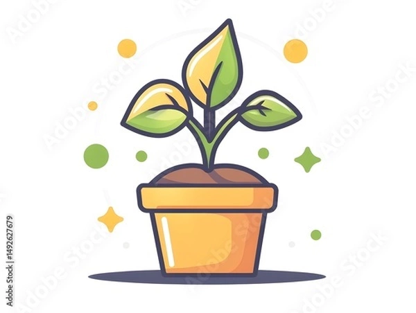 Fototapeta Modern Minimalist Green Plant Illustration: Vibrant Botanical Design with Seedling in Flowerpot for Cheerful Home Decor