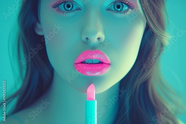 Fototapeta Close up of a woman applying pink lipstick from a teal tube with a soft focus aesthetic