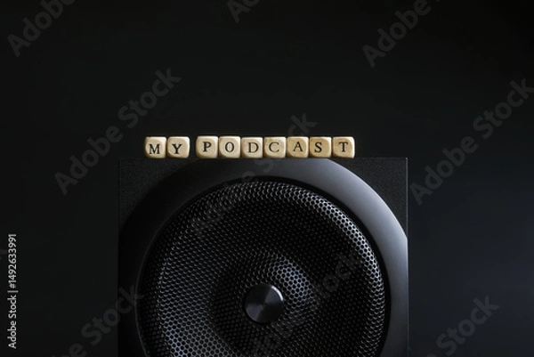 Fototapeta Wooden letter blocks spelling my podcast perched atop a modern black audio speaker against a dark backdrop, ideal for podcast branding, social media headers, and streaming visuals. Photo