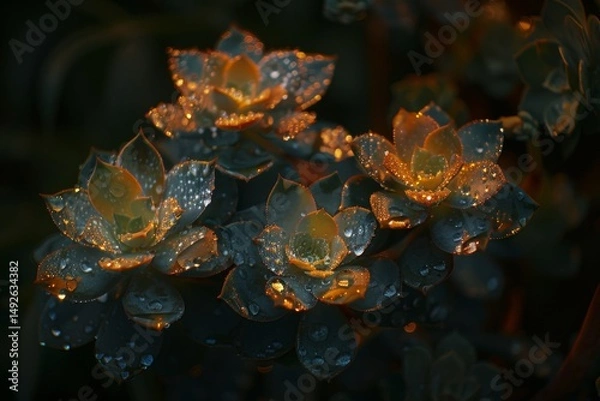 Fototapeta Captivating macro photography of succulent leaf textures enhanced by shimmering water droplets
