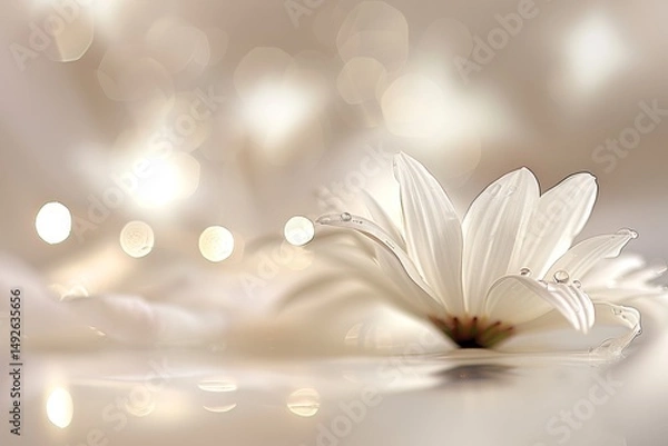 Fototapeta Macro photography of chamomile flower with dew on white petals and bright yellow center
