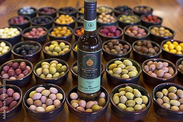 Fototapeta Enjoy a delightful olive tasting experience with extra virgin olive oil and assorted olives in bowls