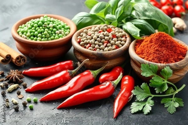 Fototapeta Vibrant chili peppers amidst a selection of spices including turmeric, coriander, and cinnamon