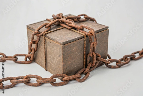 Fototapeta Tariff and barrier concept shown with rusty chain wrapped around metal box