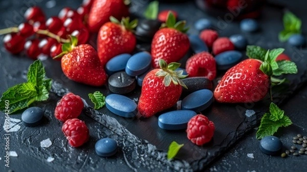 Fototapeta Vitamins and dietary supplements in capsules and tablets surrounded by fresh fruits and berries