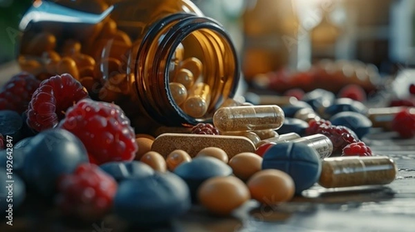 Fototapeta Vitamins and dietary supplements in capsules and tablets surrounded by fresh fruits and berries