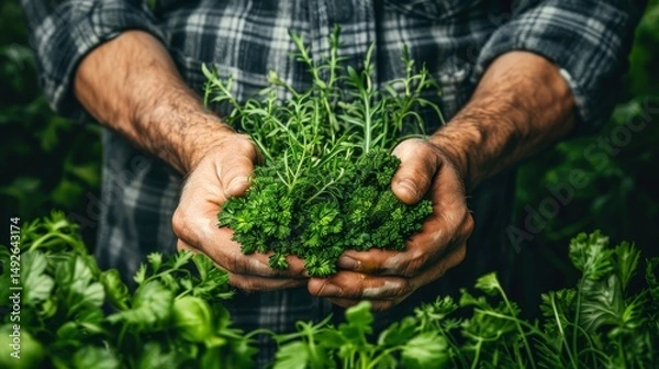 Fototapeta Hands caring for microgreens in a mini farm  a close up on nurturing healthy eating habits