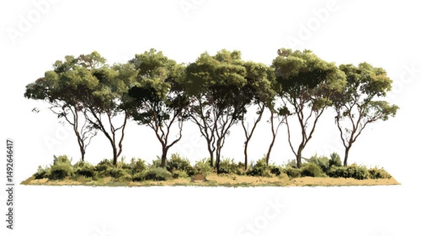 Obraz River red gum eucalyptus camaldulensis tree set isolated cutout sunny daylight, Australian nature, woodland plants, outdoor environment, green leaves, vector illustration.