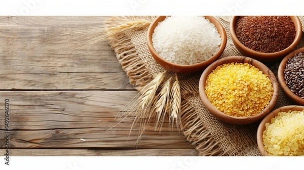 Fototapeta Fresh natural foods  a close up of grains, seeds, and nuts arranged on a wooden board