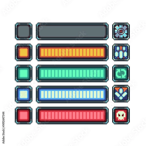 Fototapeta Button, interface, pixel art icons, battery charge, play, option, retro 80s console gaming app, video game assets, flat style, 8-bit sprite, vector illustration.