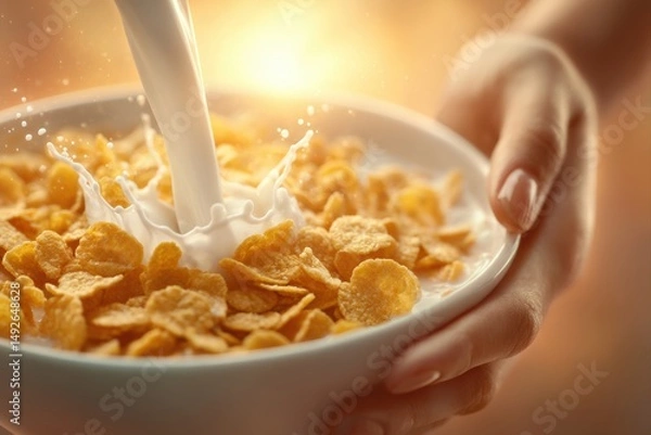 Obraz A splash of milk over golden corn flakes in a cozy kitchen scene