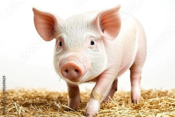 Fototapeta Charming Young Piglet Standing on Straw with Bright Eyes and Cute Features, Capturing the Essence of Farm Life and Animal Innocence in a Warm Setting