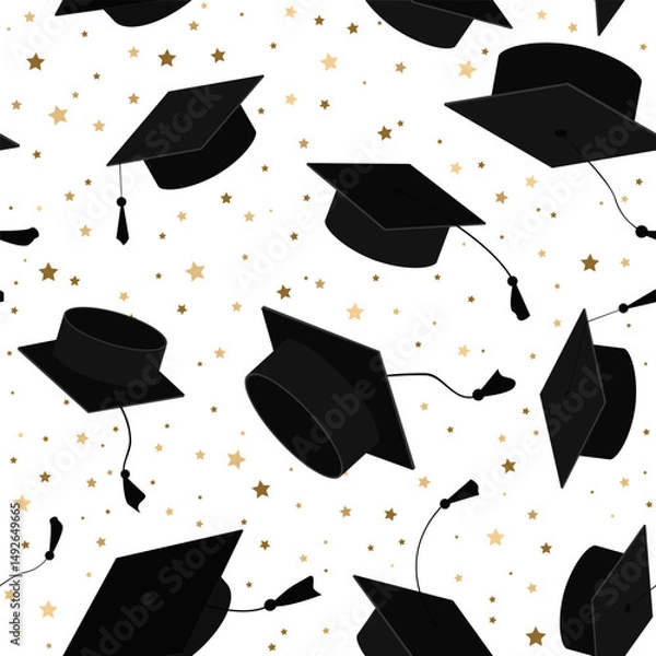 Fototapeta Festive seamless pattern with stars and graduate hats in the air. Flying graduation caps background for graduation announcements, invitations, celebration design. Vector illustration.