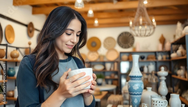 Obraz A young woman examining a ceramic item in a stylish home decor store, with wooden beams on the ceiling and various decorative items displayed around her. The scene conveys a warm and inviting atmosphe