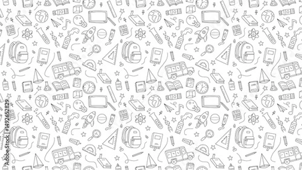Fototapeta A seamless pattern of school supplies and educational icons in black and white line art style drawing design