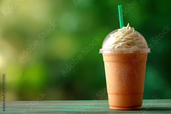 Obraz Creamy Iced Coffee Drink: Whipped Topping, Plastic Cup, Serene Green Background