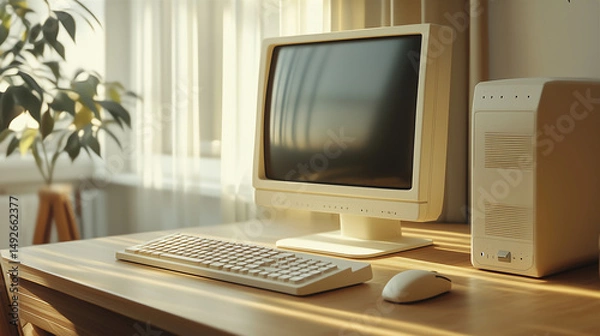 Fototapeta old fashioned computer monitor with a keyboard and a mouse on a desk