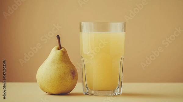 Obraz a glass of pear juice next to a whole pear isolated on brown background, healthy juice concept 