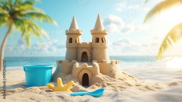 Obraz cute symmetrical sandcastle with a bucket on the beach, summer, sunny weather