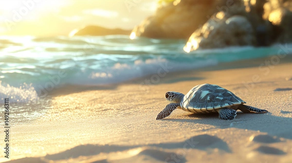 Obraz sea turtle headed to water on the beach