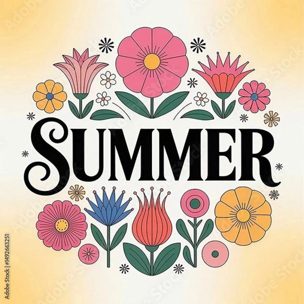 Obraz Colorful Floral Summer Illustration – Circular Flower Border with Bold Botanical Design and Center Text