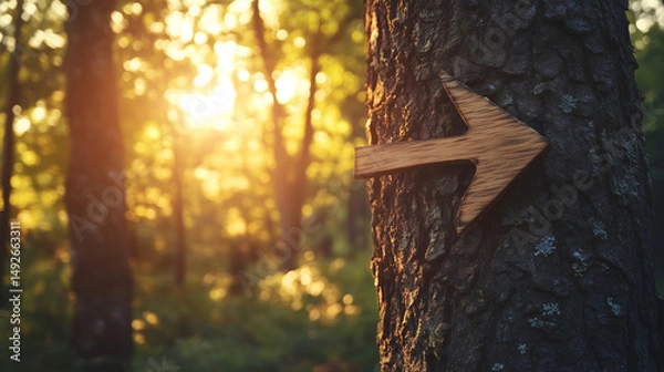 Fototapeta wooden arrow on the tree pointing to the right, forest in the background