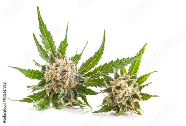 Fototapeta Marijuana flower with trichomes and orange hairs and leaves. The plant cannabis is completely in focus after stacking the images.