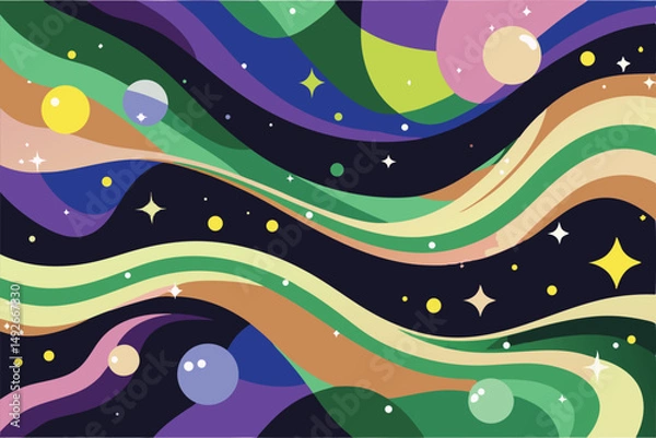 Fototapeta Abstract celestial landscape with wavy lines and cosmic elements in a colorful design