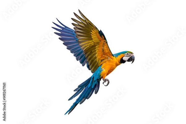 Obraz Blue and yellow macaw flying isolated on transparent background